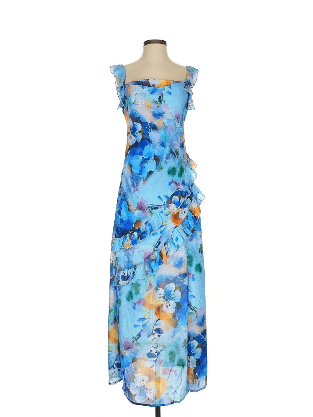 Hello Molly Blue Floral Ruffle Maxi Dress with Yellow Accents